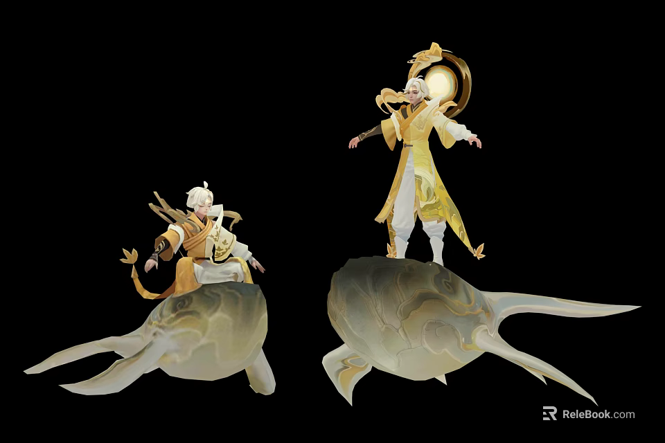 Two Elegant Fantasy Characters In Golden Robes Riding Mythical Shell Creatures With Cloud Patterns 3d model 