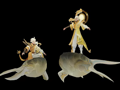 Two Elegant Fantasy Characters In Golden Robes Riding Mythical Shell Creatures With Cloud Patterns 3d model