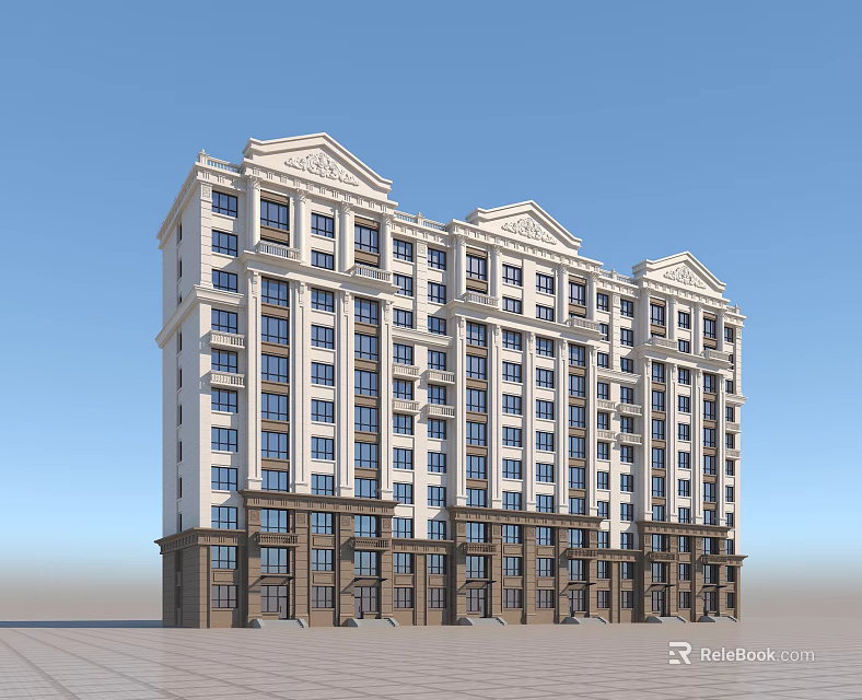 Modern Residential Building With Multiple Windows Brown Base And Decorative Cornices 3d model
