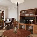 Cozy Dining Living Room With Wooden Cabinet Piano Coffee Cup Cookies And Photo Frames
