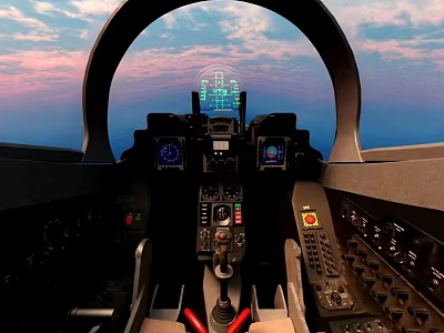 Fighter Jet Cockpit Interior With Advanced Dashboard Control Panel And Sunset Sky View 3d model