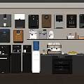 Modern Kitchen Interior With Various Household Appliances On Shelves And Countertops