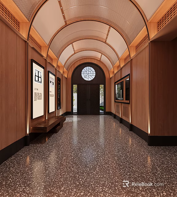 Office Corridor With Wooden Walls Arched Ceiling Circular Window Framed Artworks Terrazzo Floor And Bench 3d model 