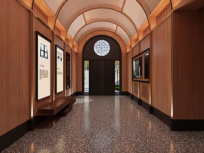 Office Corridor With Wooden Walls Arched Ceiling Circular Window Framed Artworks Terrazzo Floor And Bench 3d model