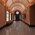 Office Corridor With Wooden Walls Arched Ceiling Circular Window Framed Artworks Terrazzo Floor And Bench