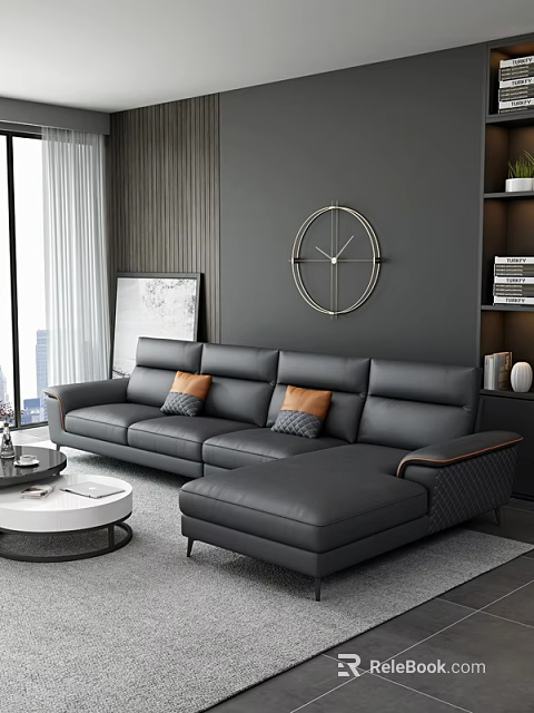 Gray Leather L Shaped Sofa and Round Coffee Table Set with Circular Wall Clock 3d model 