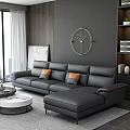 Gray Leather L Shaped Sofa and Round Coffee Table Set with Circular Wall Clock