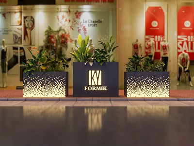 Outdoor Storefront Decorative Planters With Green Plants And KM FORMULA Logo Background Sale Posters 3d model