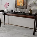 Modern Console Table With Rosewood Finish Artwork Fan Shaped Decor Vase And Green Plant