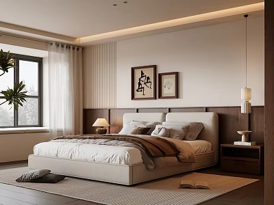 Modern Bedroom Interior with Soft Bed Decorative Paintings Bedside Lamp Curtains and Green Plant 3d model