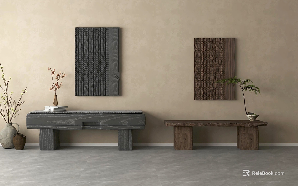 Minimalist Interior With Wooden Benches Wall Art And Potted Plants On Beige Wall 3d model 