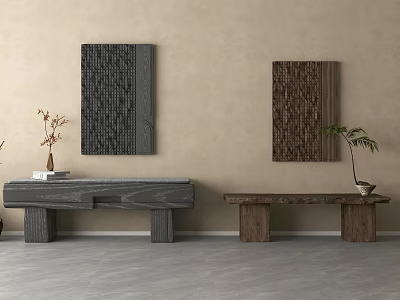 Minimalist Interior With Wooden Benches Wall Art And Potted Plants On Beige Wall 3d model