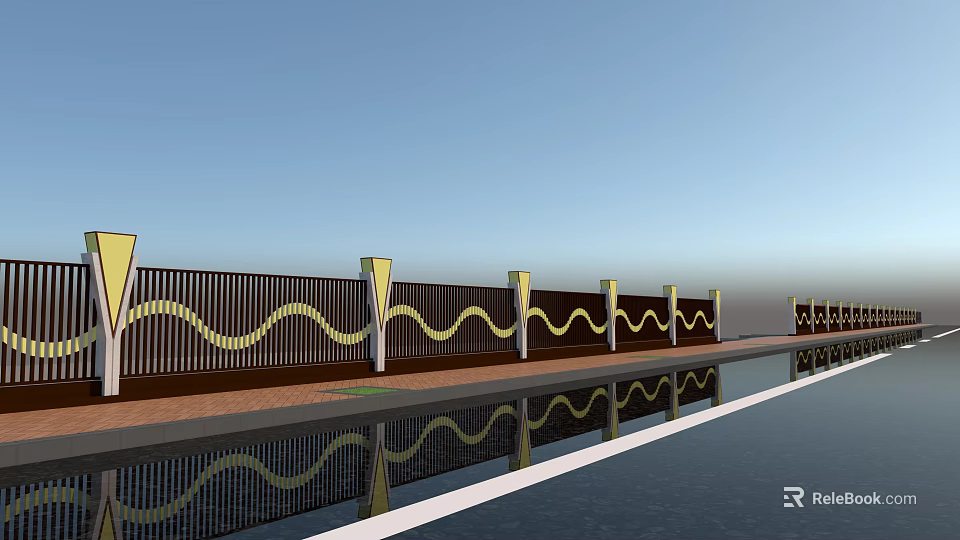 Modern Wavy Design Fence With Yellow Accents Light Posts And Water Reflection 3d model 