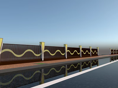 Modern Wavy Design Fence With Yellow Accents Light Posts And Water Reflection 3d model