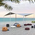 Tropical Beach Landscape with White Canopy Colorful Bean Bags Blue Ocean and Palm Tree