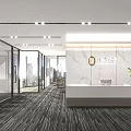 Modern Office Reception Desk With Marble Wall Company Logo Green Plant And City View