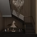 Modern Luxury Staircase Interior With Marble Steps Metal Handrail Decorative Sculpture And Chandelier
