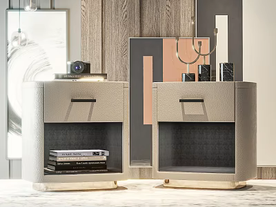 Gray Leather Bedside Tables With Camera Books And Decor On Wooden Wall 3d model