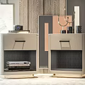 Gray Leather Bedside Tables With Camera Books And Decor On Wooden Wall