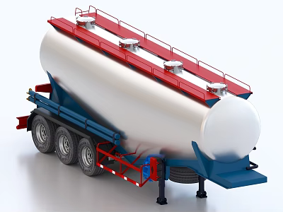 Industrial Silver Tanker Semi Trailer With Blue Chassis Red Railings And Multi Axle Wheels 3d model