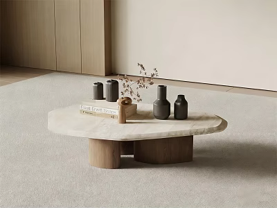 Modern Coffee Table With Marble Top Wooden Base And Decorative Vases Books 3d model