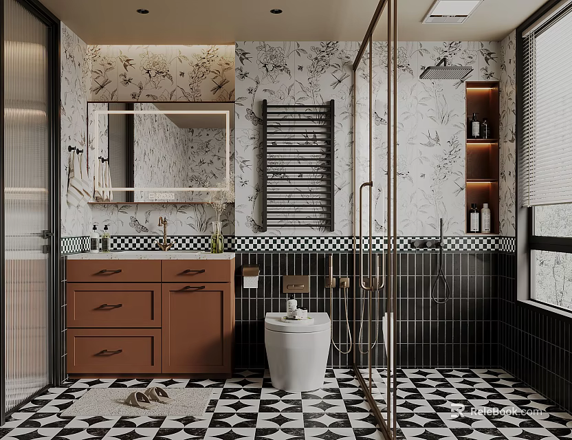 Modern Bathroom Interior With Double Vanity Brown Cabinets Black White Floral Wall And Checkered Floor 3d model 