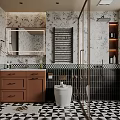 Modern Bathroom Interior With Double Vanity Brown Cabinets Black White Floral Wall And Checkered Floor