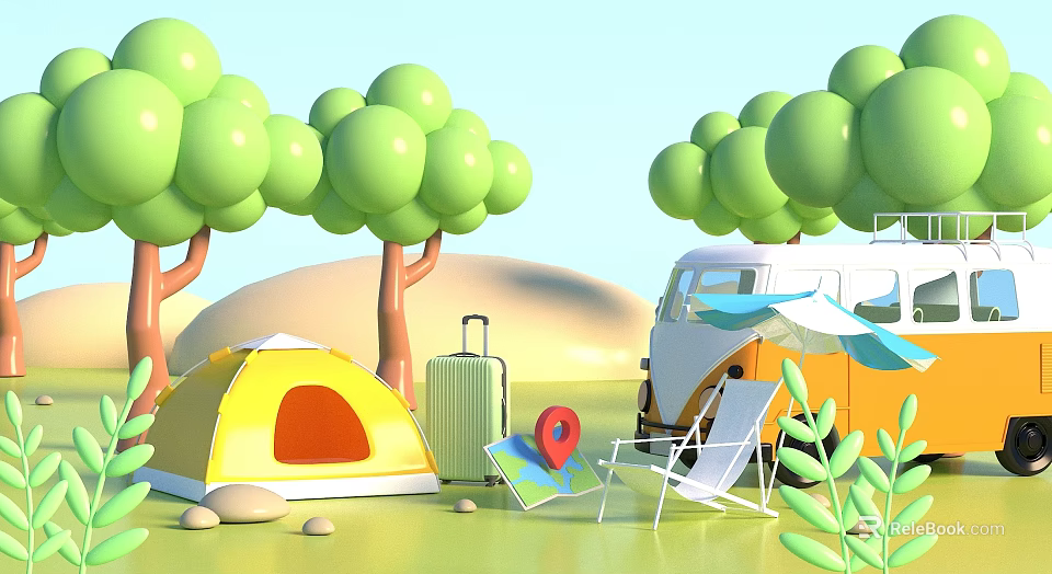 Outdoor Camping Gear Set With Tent Camper Van Suitcase Map And Lounge Chair 3d model 