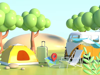 Outdoor Camping Gear Set With Tent Camper Van Suitcase Map And Lounge Chair 3d model