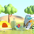 Outdoor Camping Gear Set With Tent Camper Van Suitcase Map And Lounge Chair