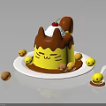 Cat Shaped Cake With Chocolate Topping Whipped Cream Cherry And Small Pastries On White Plate 3d model