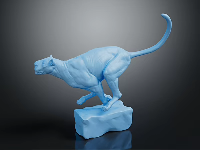 Detailed Blue Panther Sculpture Carving With Dynamic Running Pose On Stone Base 3d model