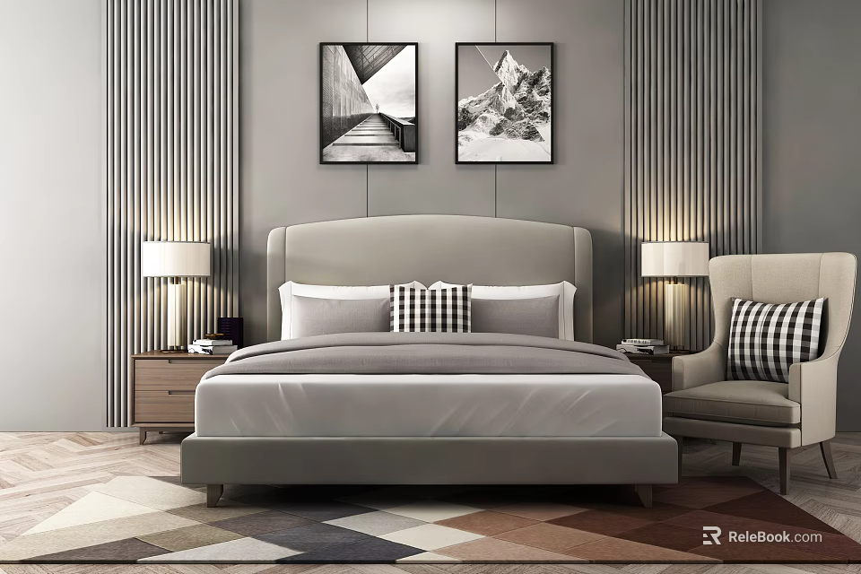Background Double Bed Interior With Bedside Tables Table Lamps Wall Paintings And Checkered Cushion Armchair 3d model 
