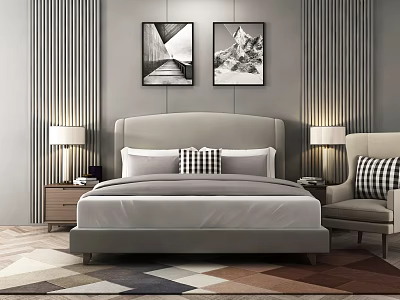 Background Double Bed Interior With Bedside Tables Table Lamps Wall Paintings And Checkered Cushion Armchair 3d model
