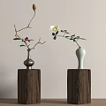 Silver And White Vases With White And Red Flowers And Branches On Wooden Pedestals