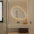 Modern Bathroom Interior With Backlit Oval Mirror White Sink Countertop Toiletries And Hanging Towel