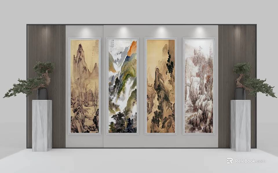 Traditional Chinese Landscape Paintings Four Panel Artwork With Mountains Rivers And Trees 3d model 