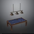 Wooden Billiard Table Interior With Three Hanging Lights And Billiard Balls