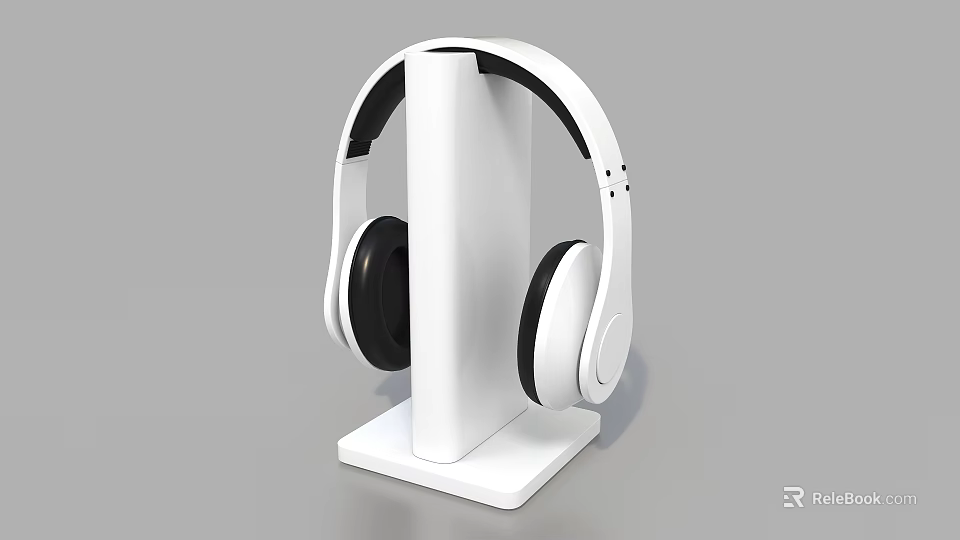 Sleek White Over Ear Headphones On Modern Headphone Stand With Black Ear Cushions 3d model 