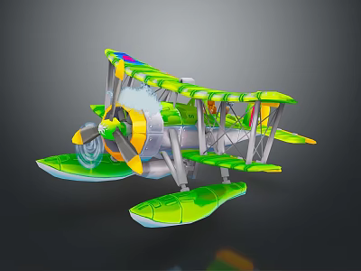 Vibrant Green Yellow Biplane Toy Model With Floats Propeller And Colorful Design 3d model