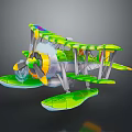 Vibrant Green Yellow Biplane Toy Model With Floats Propeller And Colorful Design