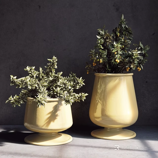 Two Decorative Potted Plants in Yellow Ceramic Pots with Green Foliage and Small Yellow Fruits 3d model 