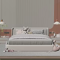 Modern Children's Bed With Soft Mattress Stuffed Toys Hanging Lamps Striped Rug And Bookshelves