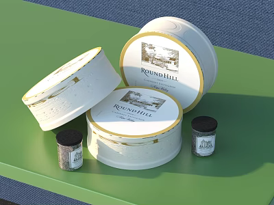 White Round Containers With Round Hill Labels And Small Cylindrical Tins On Green Tabletop 3d model