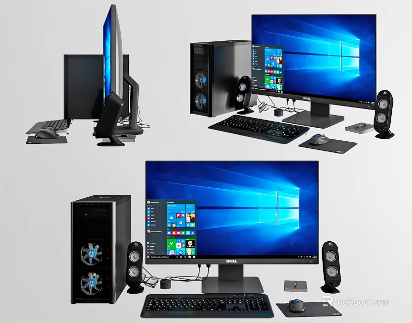 Modern Desktop Computer Setup With PC Tower Monitor Keyboard Mouse And Speakers 3d model 