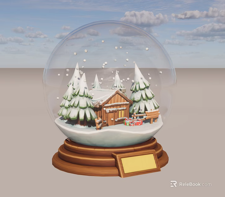 Christmas Themed Decorative Ornament Set with Snow Globe Wooden Cabin Pine Trees and Gift Boxes 3d model 