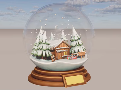Christmas Themed Decorative Ornament Set with Snow Globe Wooden Cabin Pine Trees and Gift Boxes 3d model