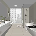 Modern Bathroom Interior With Double Vanity Sinks Large Mirror Glass Shower And Freestanding Bathtub