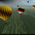 Colorful Hot Air Balloons As Amusement Equipment Flying Over Green Fields With Trees And Roads