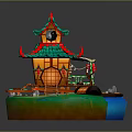 Traditional Chinese Pavilion Featuring Green Tiled Roof Red Accents Wooden Structure And Water Features